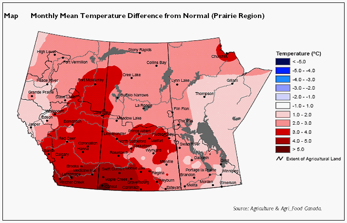 July 2007 temperature map - Prairies